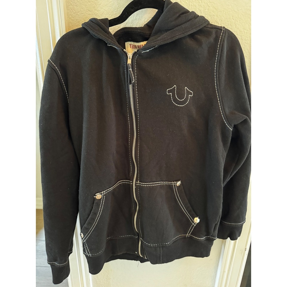 True Religion World Tour Zip Up Hoodie Black Contrast Stitch Buddha Mens Medium